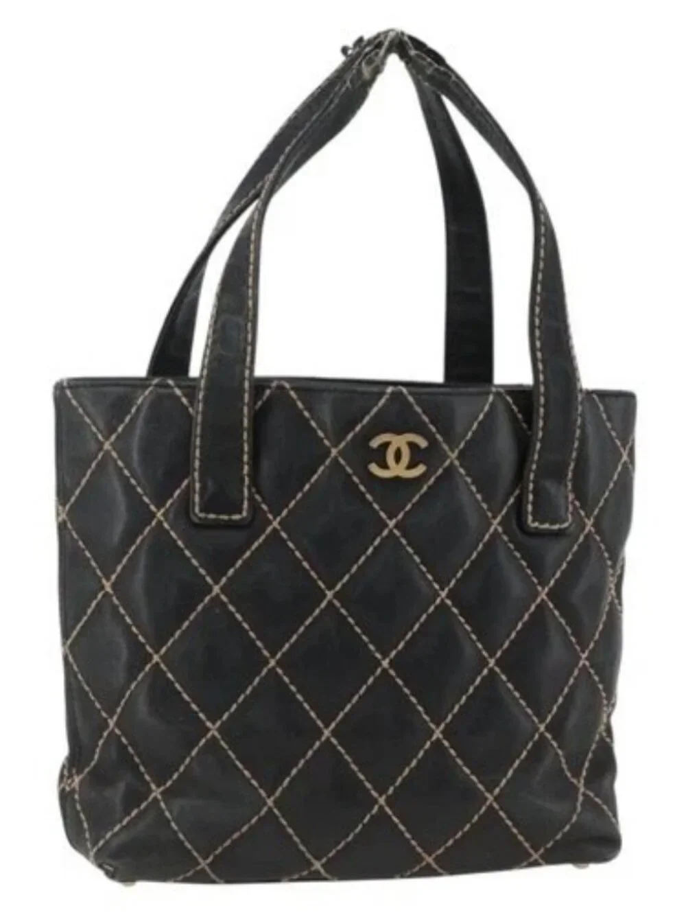 CHANEL Matelasse Wild stitch Tote Bag Leather Black Gold CC Auth AMZ509